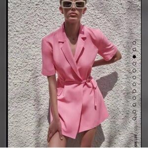Zara linen blend pink belted front blazer mini dress